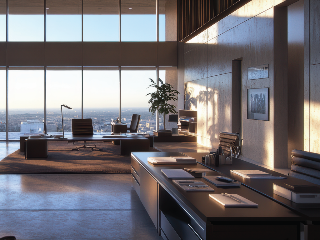 Modern high-rise office with large windows, showcasing contemporary interior design and the integration of essential building features.