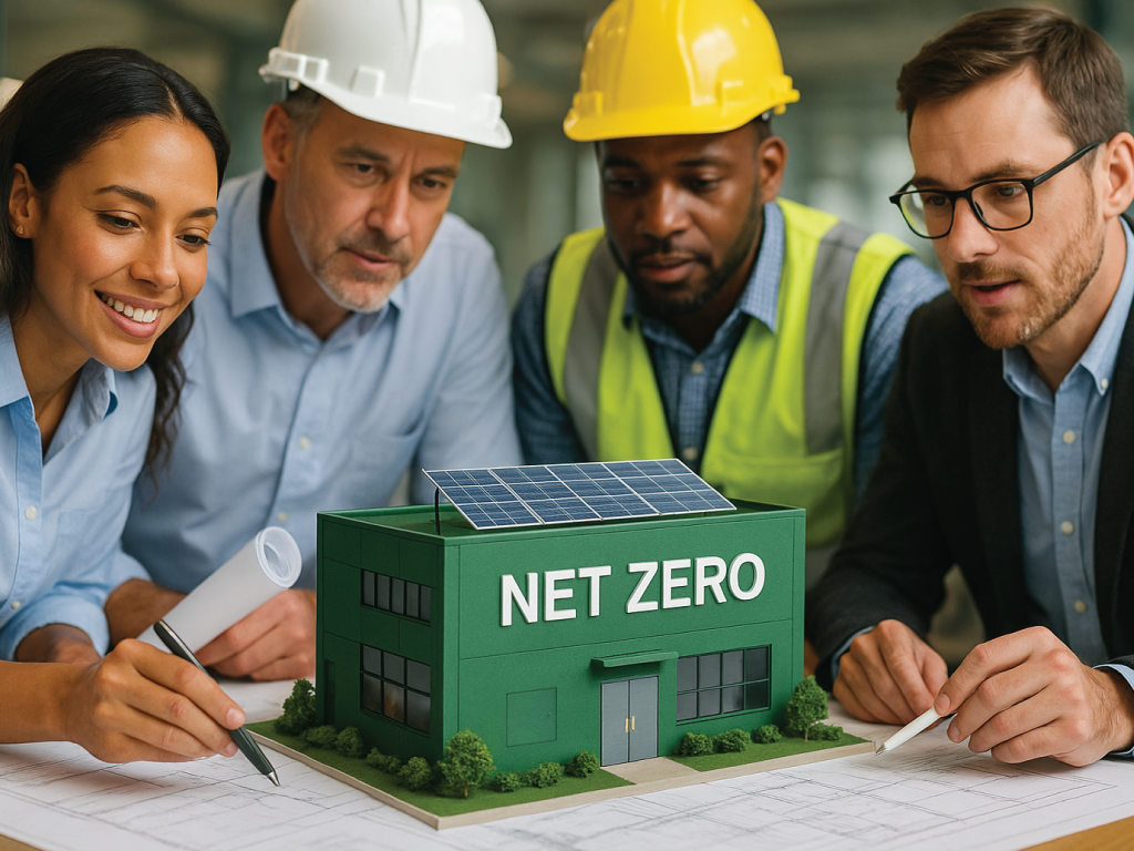 Four construction professionals examine a green building model with solar panels and an insulated access door, discussing sustainable design and energy efficiency on a blueprint.