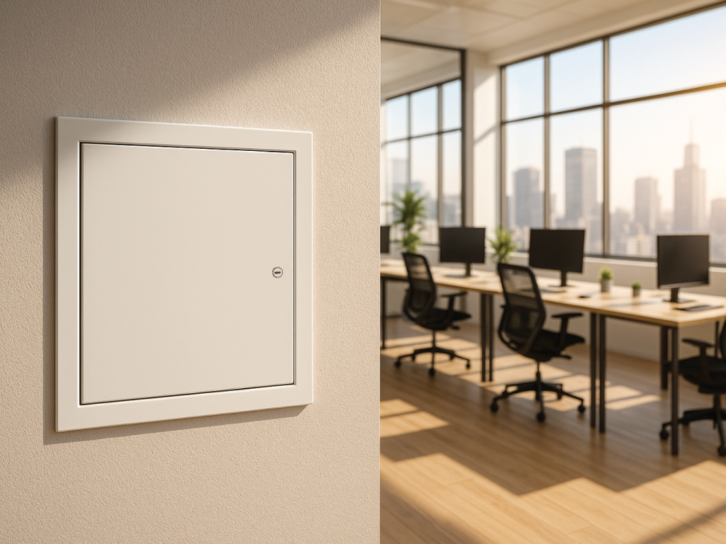Moisture-resistant, insulated access door installed on a wall in an office to combat summer heat and humidity.
