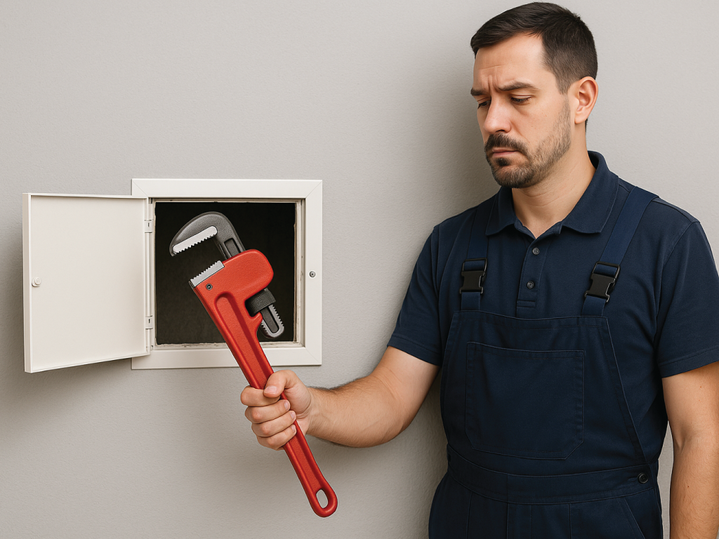 Man holding a too-large pipe wrench that can't fit a small access panel.