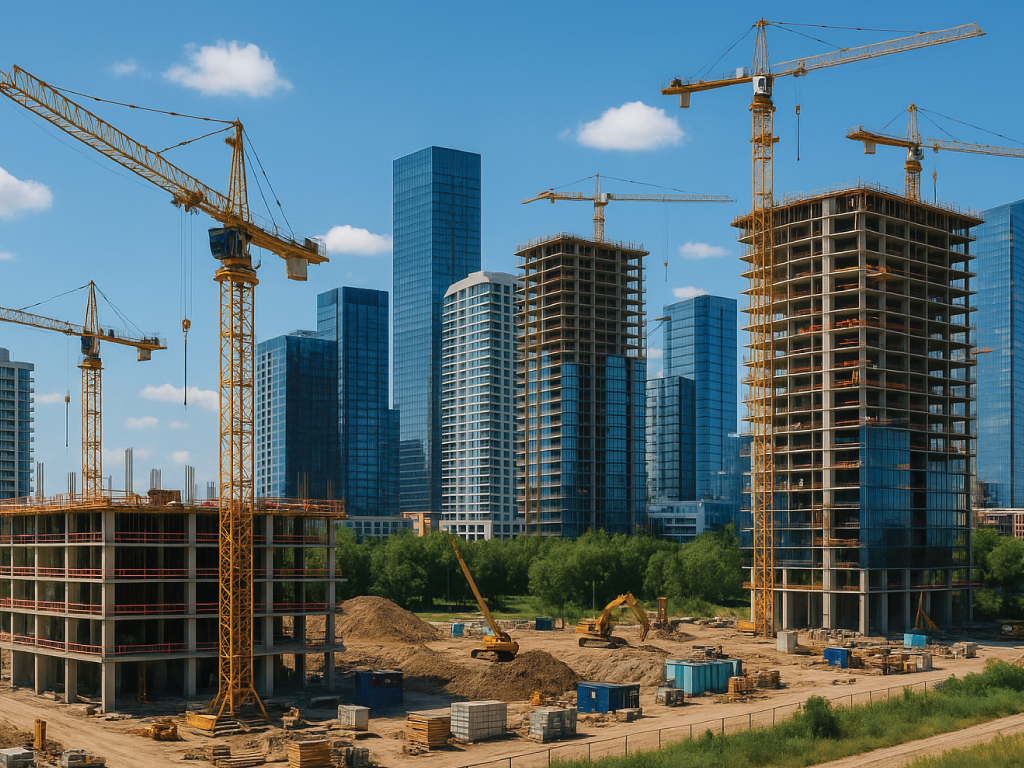 Construction site with multiple high-rise buildings under construction and several yellow cranes against a blue sky with clouds.