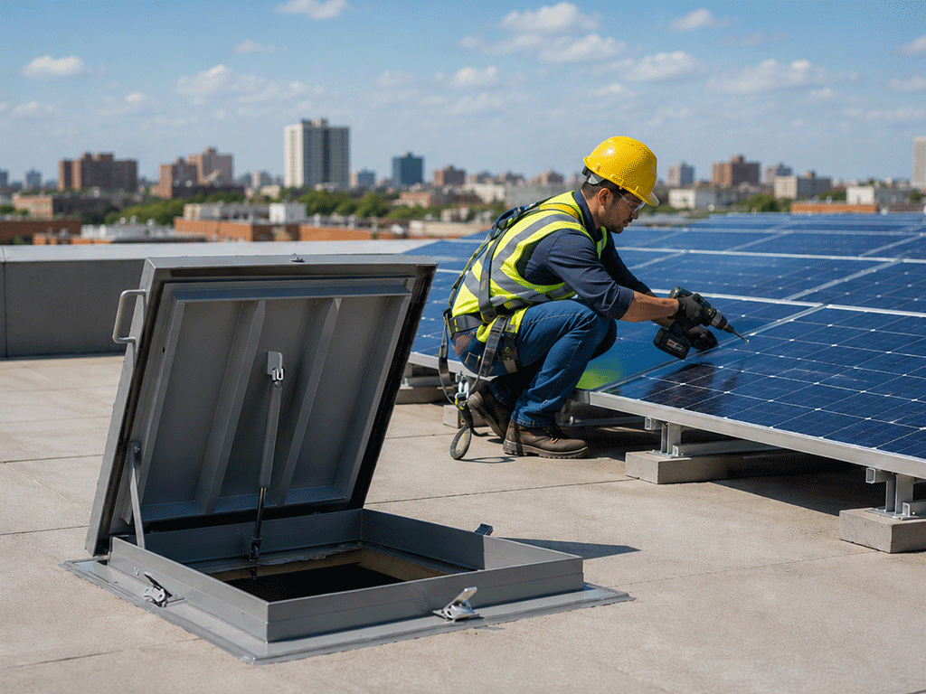 A commercial solar panel installation technician working next to an open, heavy-duty metal roof hatch on a flat city rooftop.